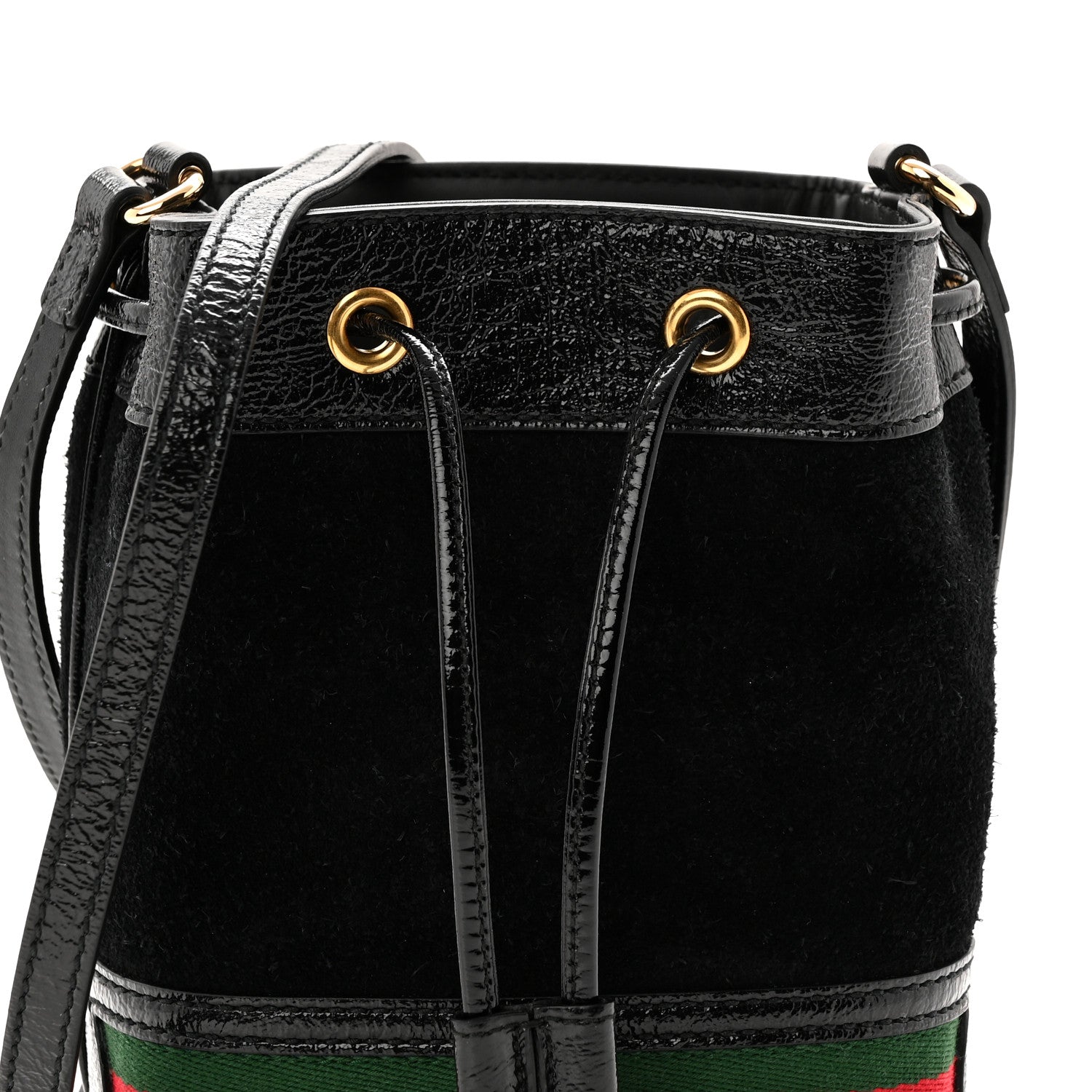 Gucci Suede Patent Web Mini Ophidia Bucket Bag Black