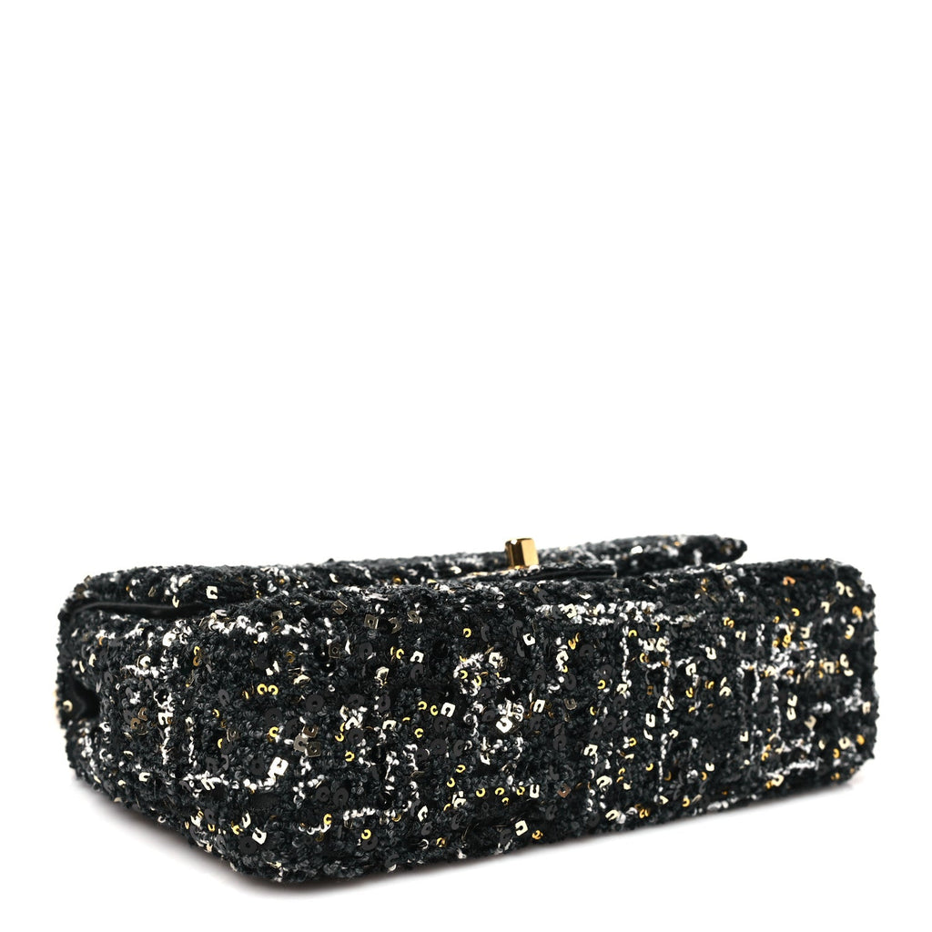 Chanel Tweed Sequin Small Single Flap Black Silvery Golden