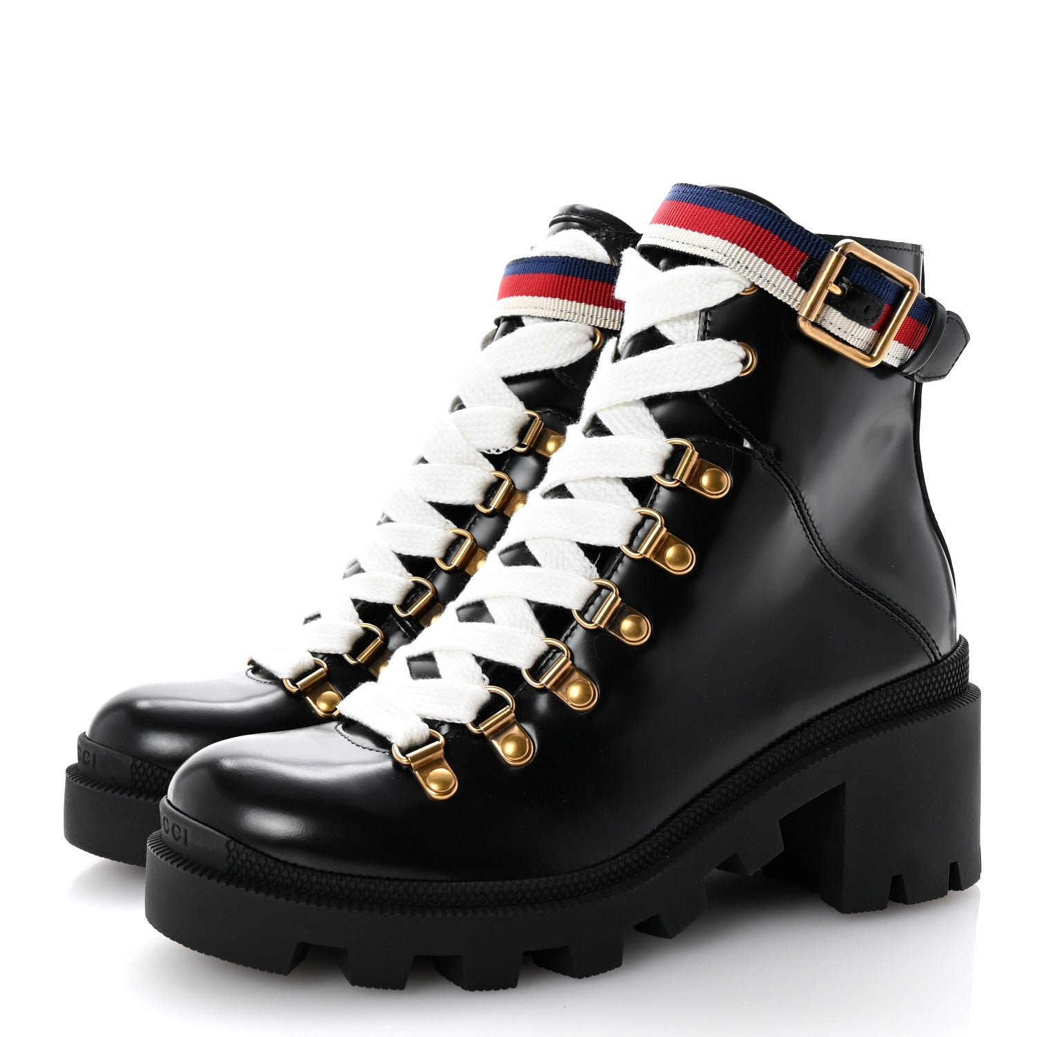Gucci Calfskin Sylvie Web Lace Up Combat Boots 35 Black