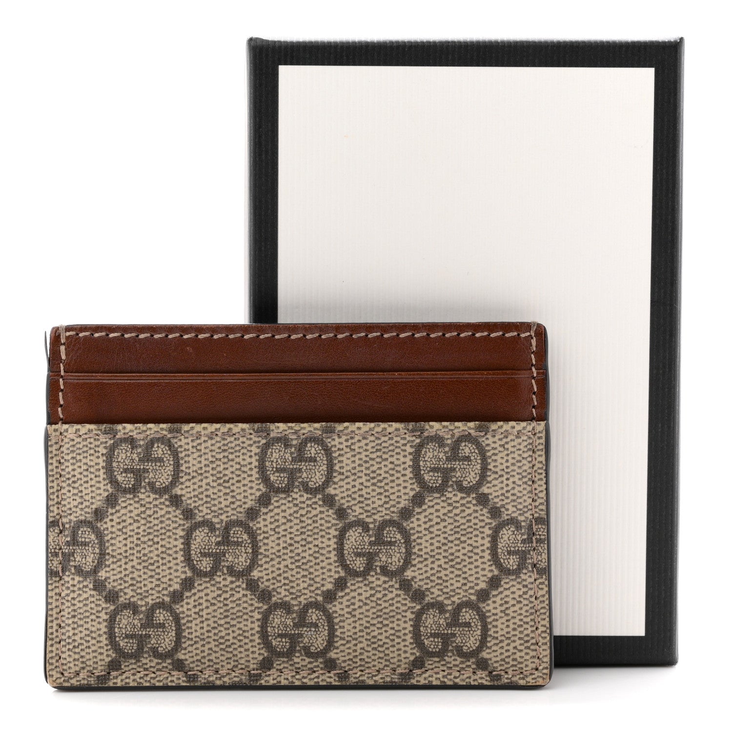 Gucci GG Supreme Monogram Calfskin Card Holder Beige Ebony Cuir