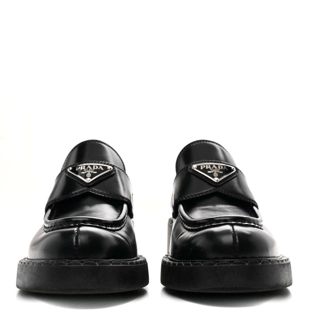 Prada Spazzolato Metal Triangle Logo 50mm Loafers 36 Black