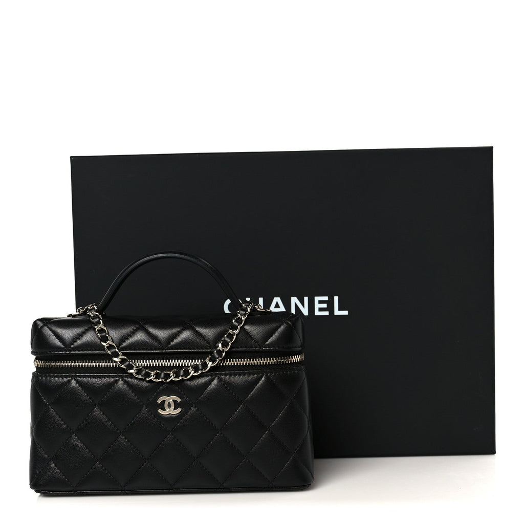 Lambskin Quilted Top Handle Slim Vanity With Chain Black