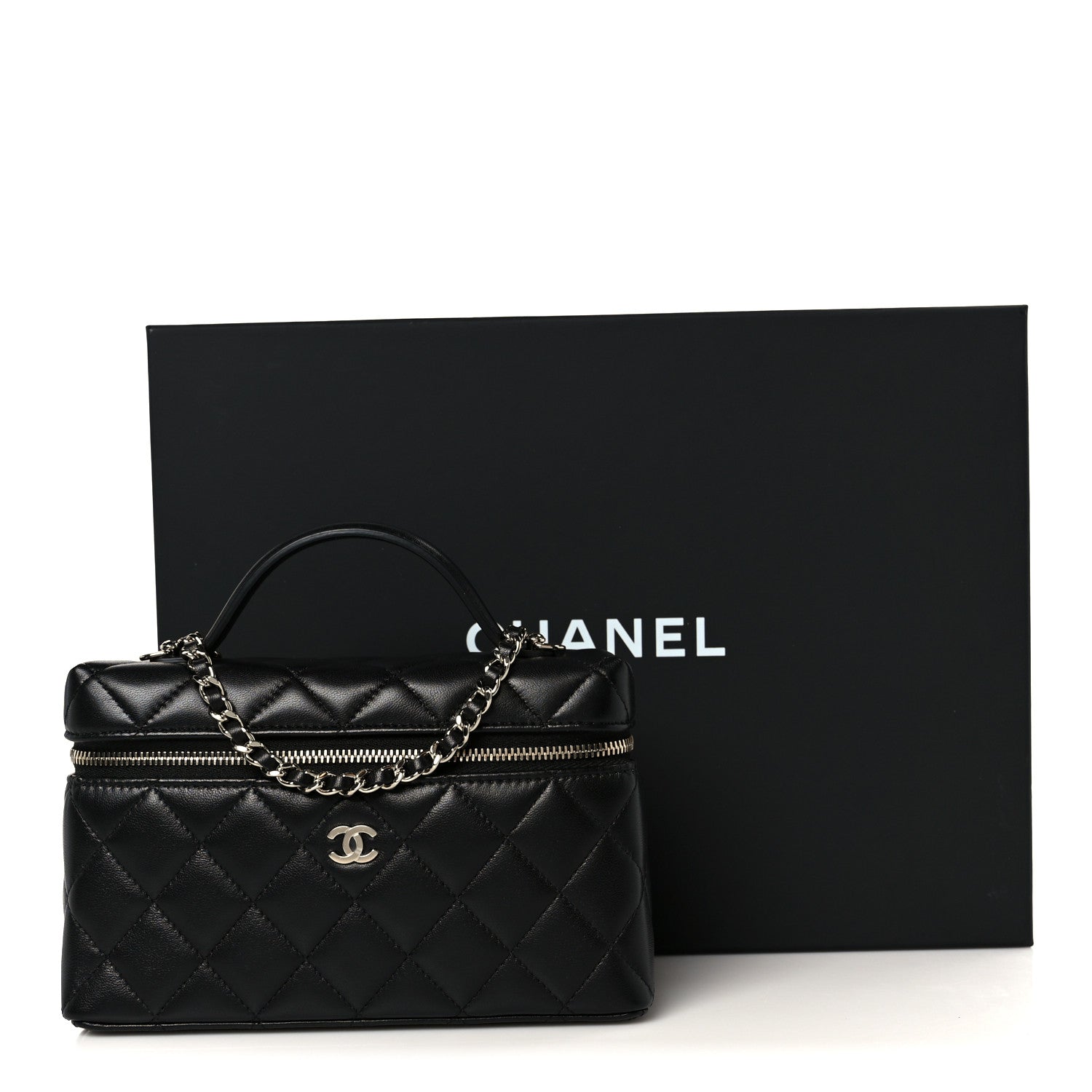 Lambskin Quilted Top Handle Slim Vanity With Chain Black