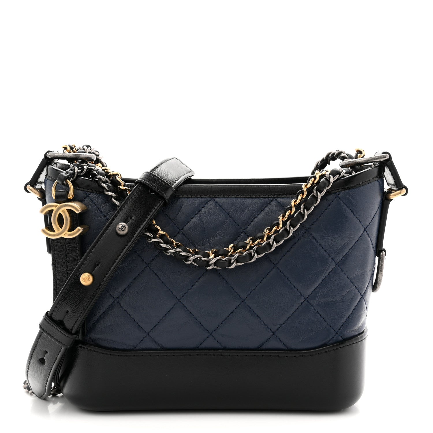 Chanel Aged Calfskin Quilted Small Gabrielle Hobo Navy Black