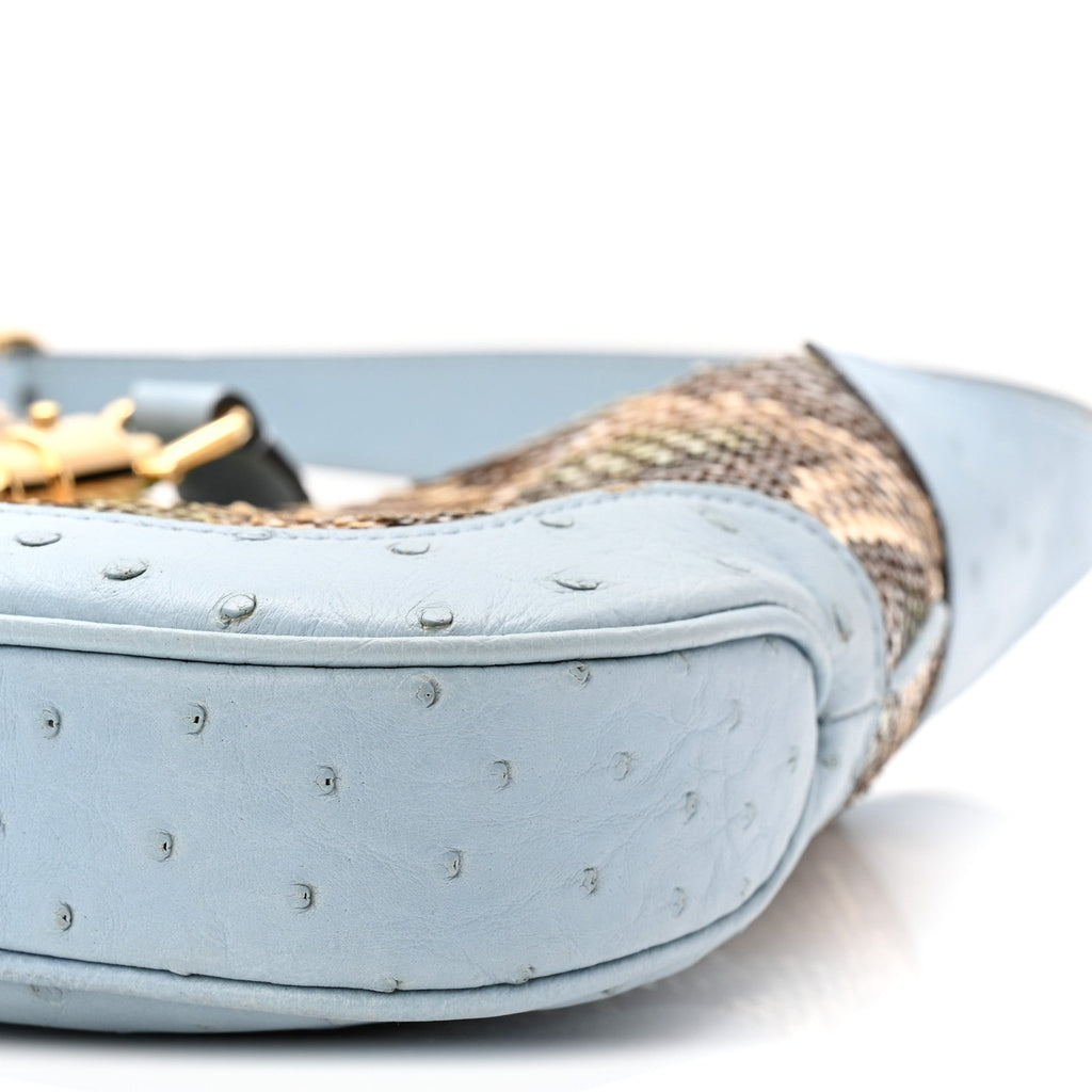 Gucci Snakeskin Ostrich Calfskin Small Jackie 1961 Hobo Blue Multicolor