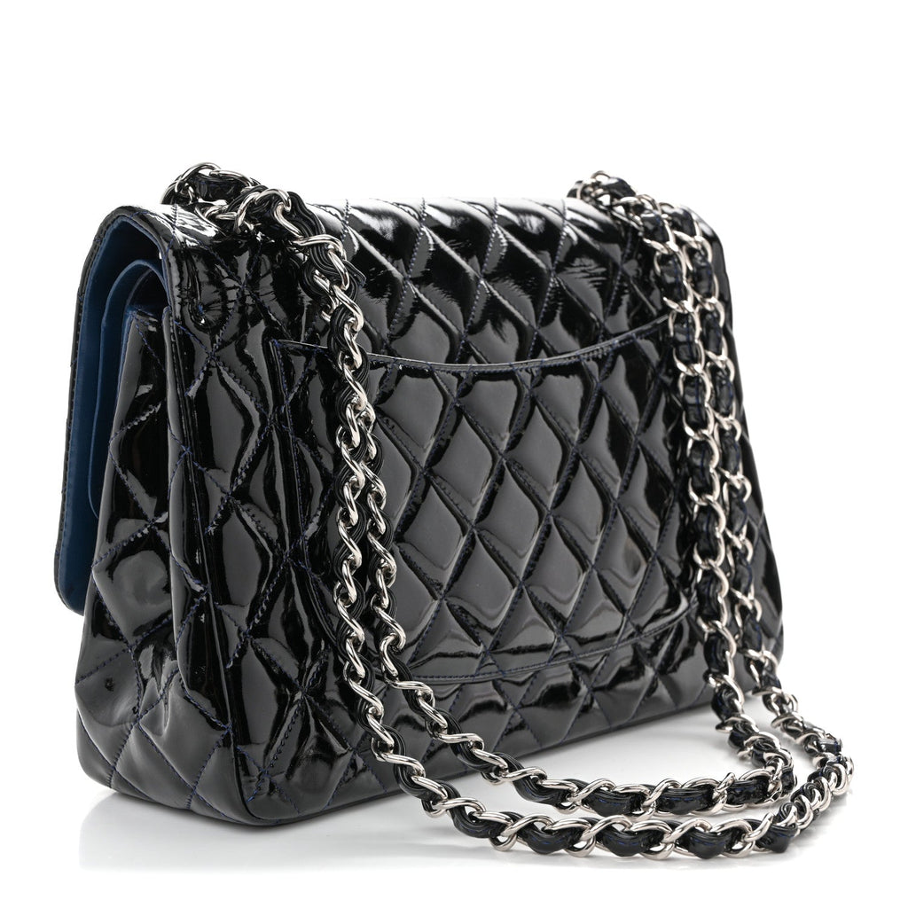 Chanel Patent Quilted Jumbo Double Flap Dark Blue