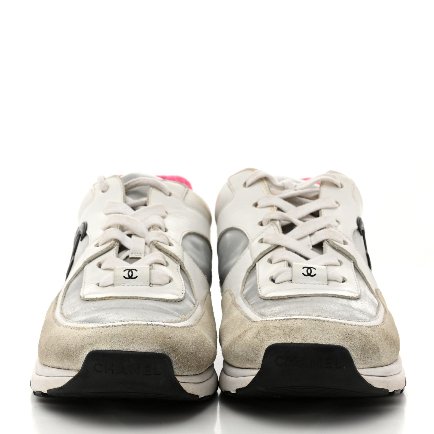 Calfskin Fabric Sneakers 39 White Silver Fluo Pink