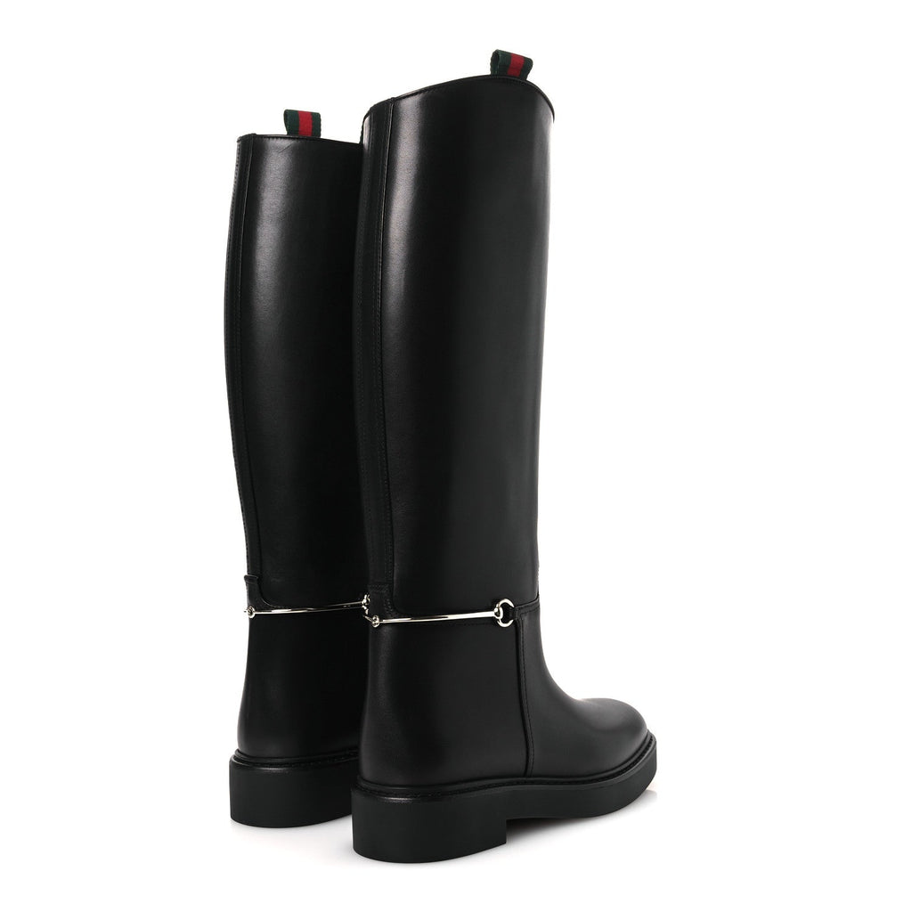 Gucci Shiny Calfskin Michelangelo Slim Horsebit Riding Boots 36 Black