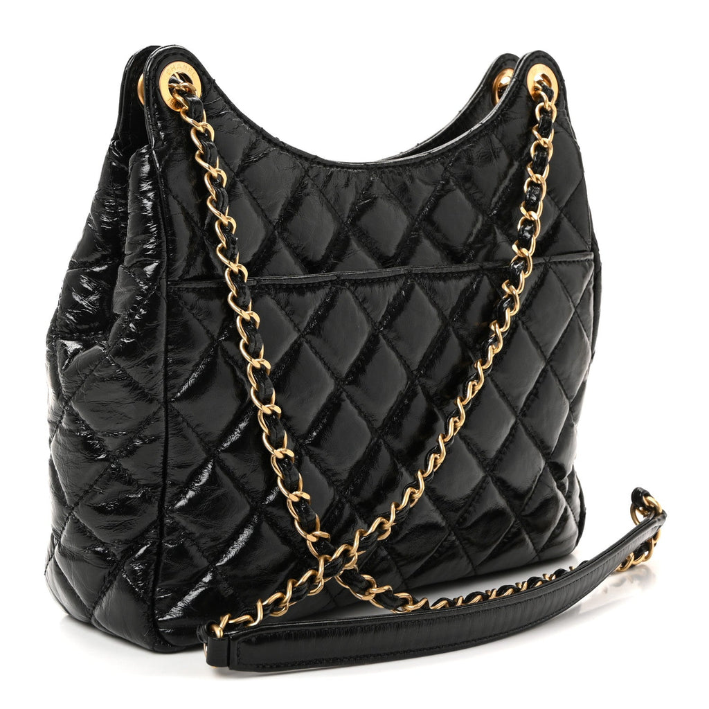 Chanel Shiny Crumpled Calfskin Quilted Wavy CC Hobo Black
