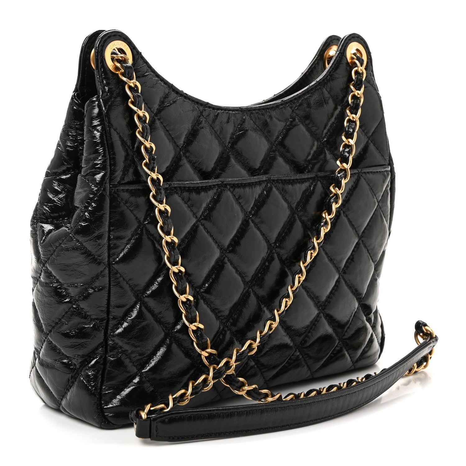 Chanel Shiny Crumpled Calfskin Quilted Wavy CC Hobo Black
