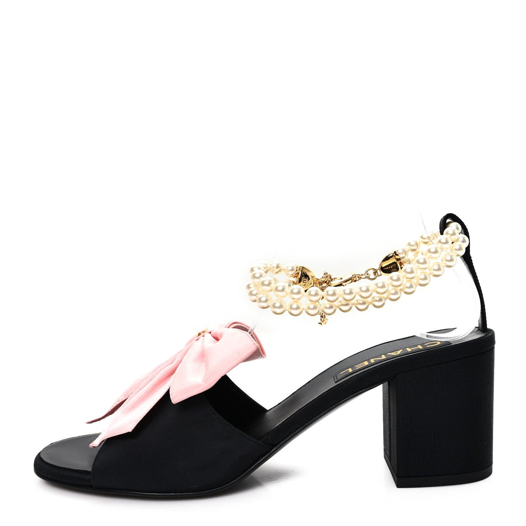 Chanel Silk Pearl Bow CC Ankle Strap Sandals 39.5 Pink Black