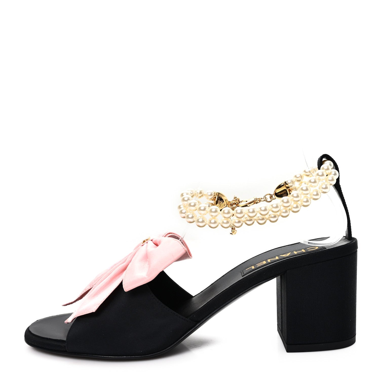 Chanel Silk Pearl Bow CC Ankle Strap Sandals 39.5 Pink Black
