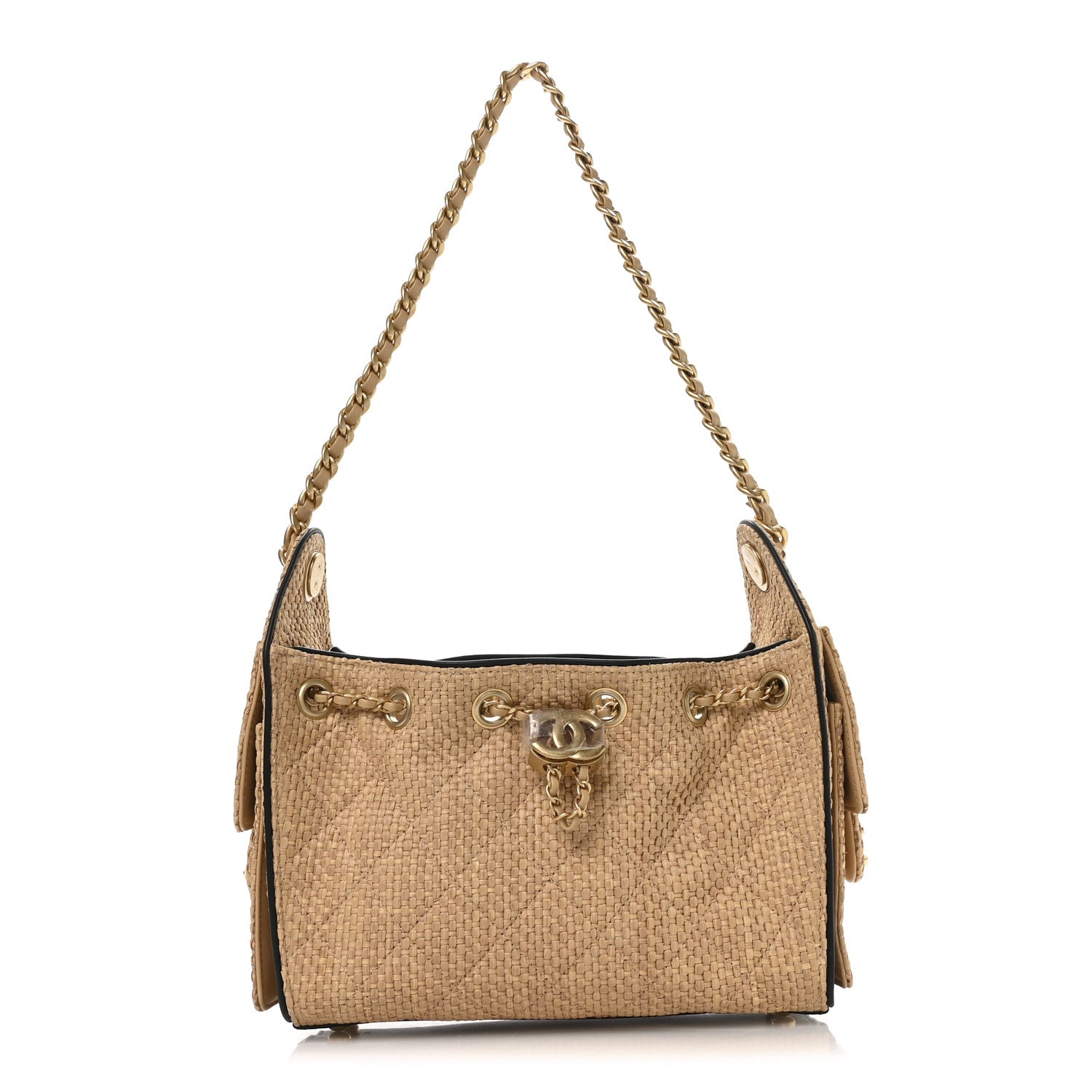 Chanel Braided Raffia Calfskin Quilted Mini Chanel 25 Handbag Beige Black