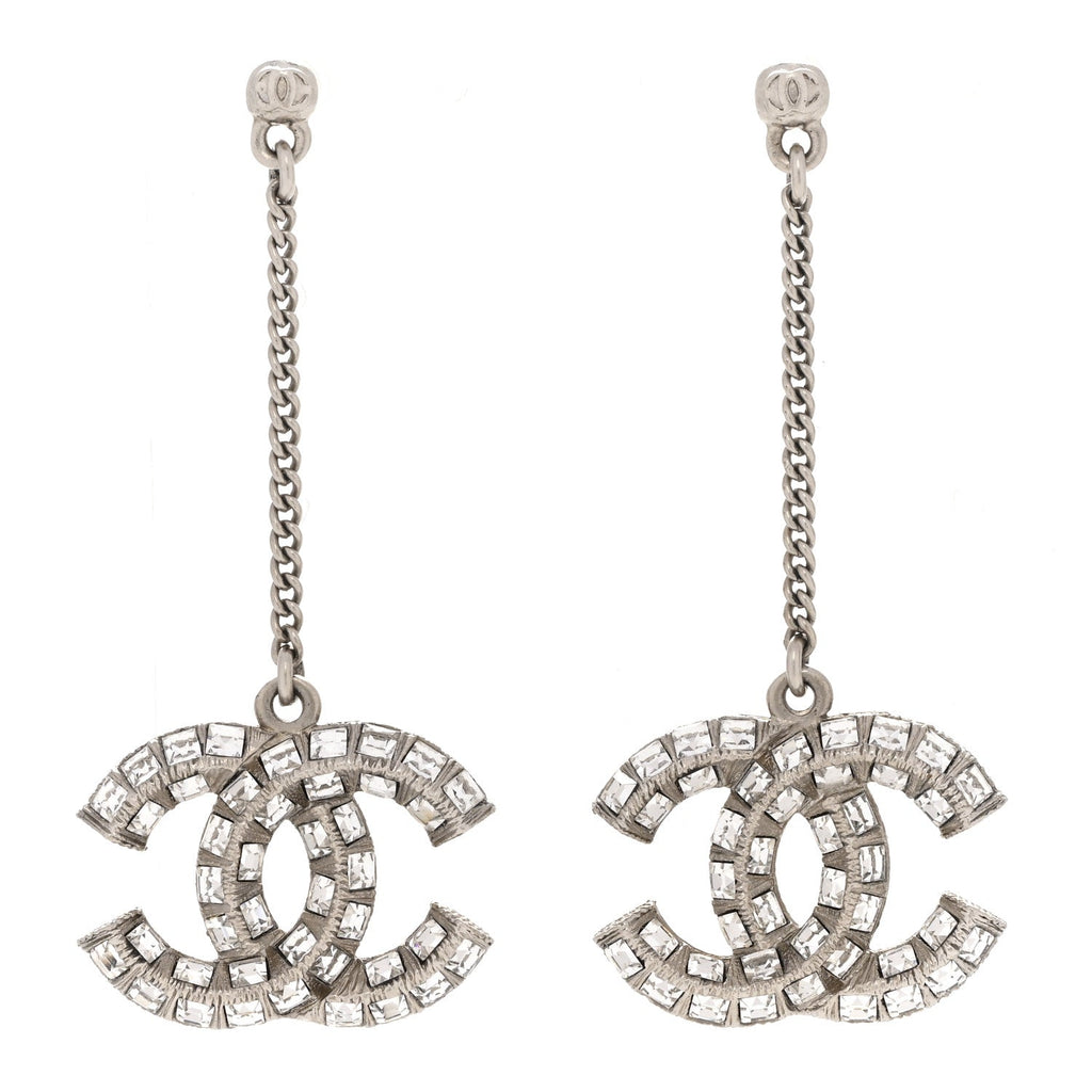Baguette Crystal CC Drop Earrings Silver