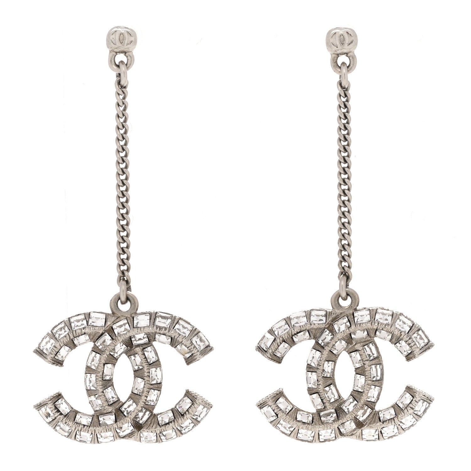 Baguette Crystal CC Drop Earrings Silver