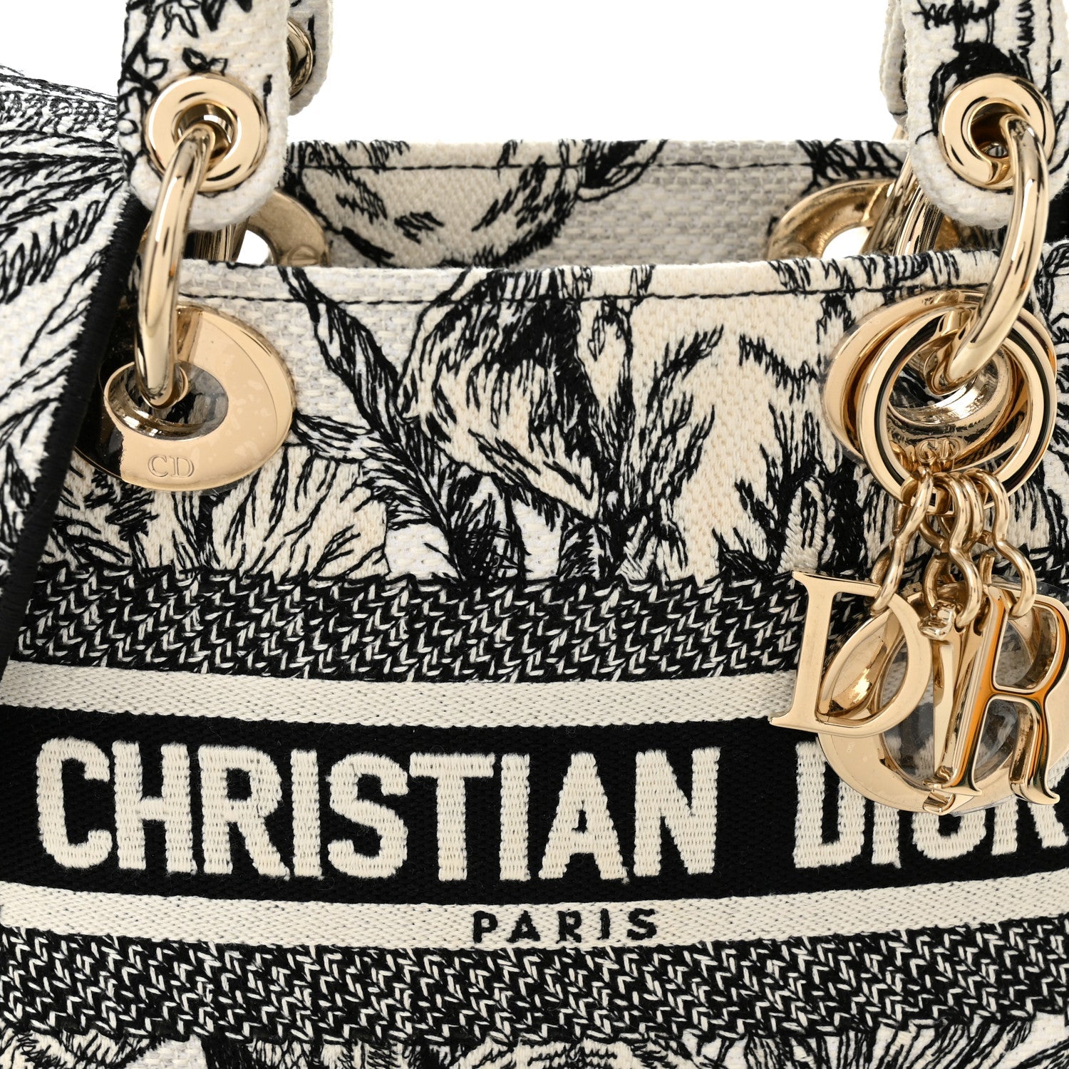Christian Dior Canvas Embroidered Toile De Jouy Mini Lady D-Lite White Black