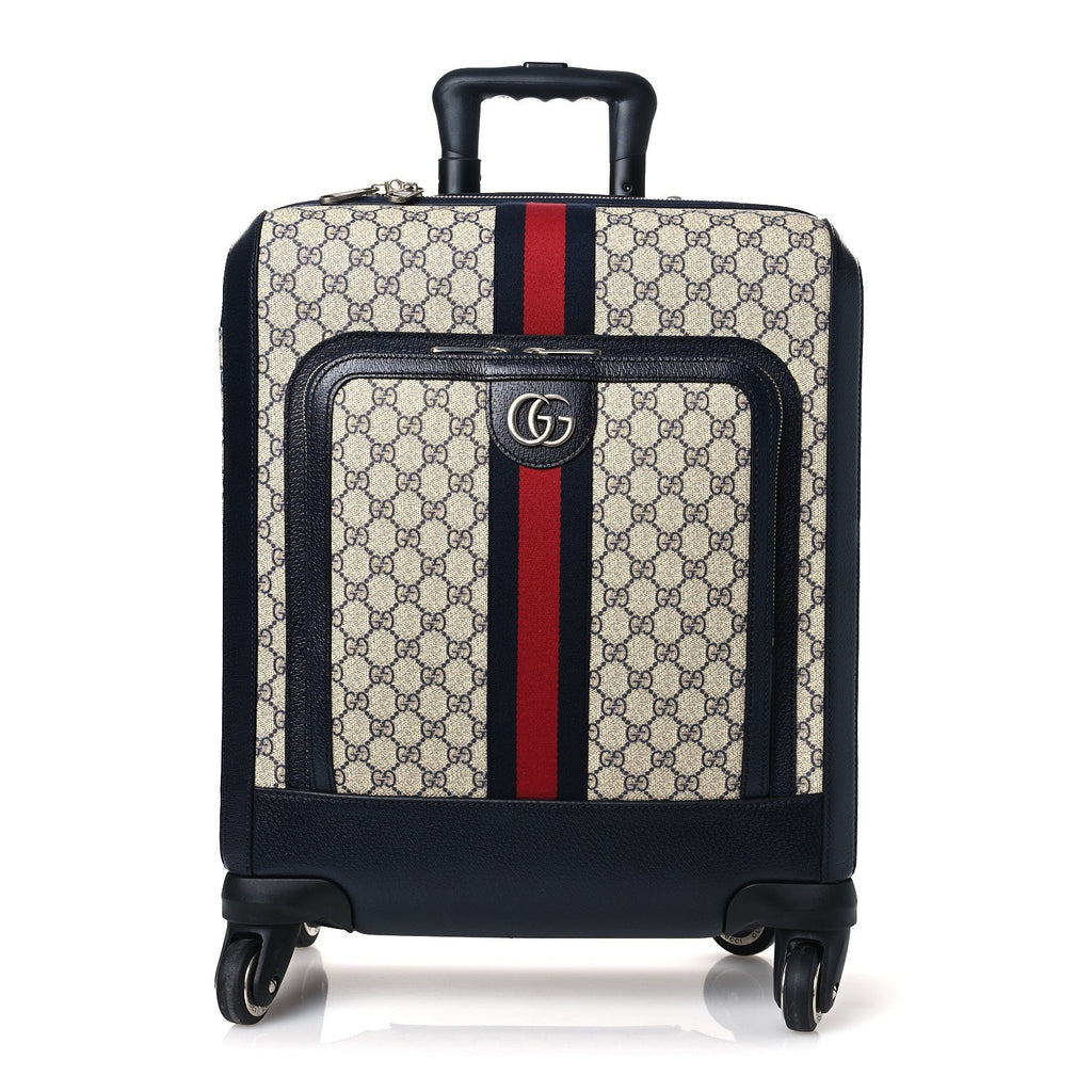 Gucci GG Supreme Monogram Textured Dollar Calfskin Web Small Savoy Cabin Trolley Beige Blue