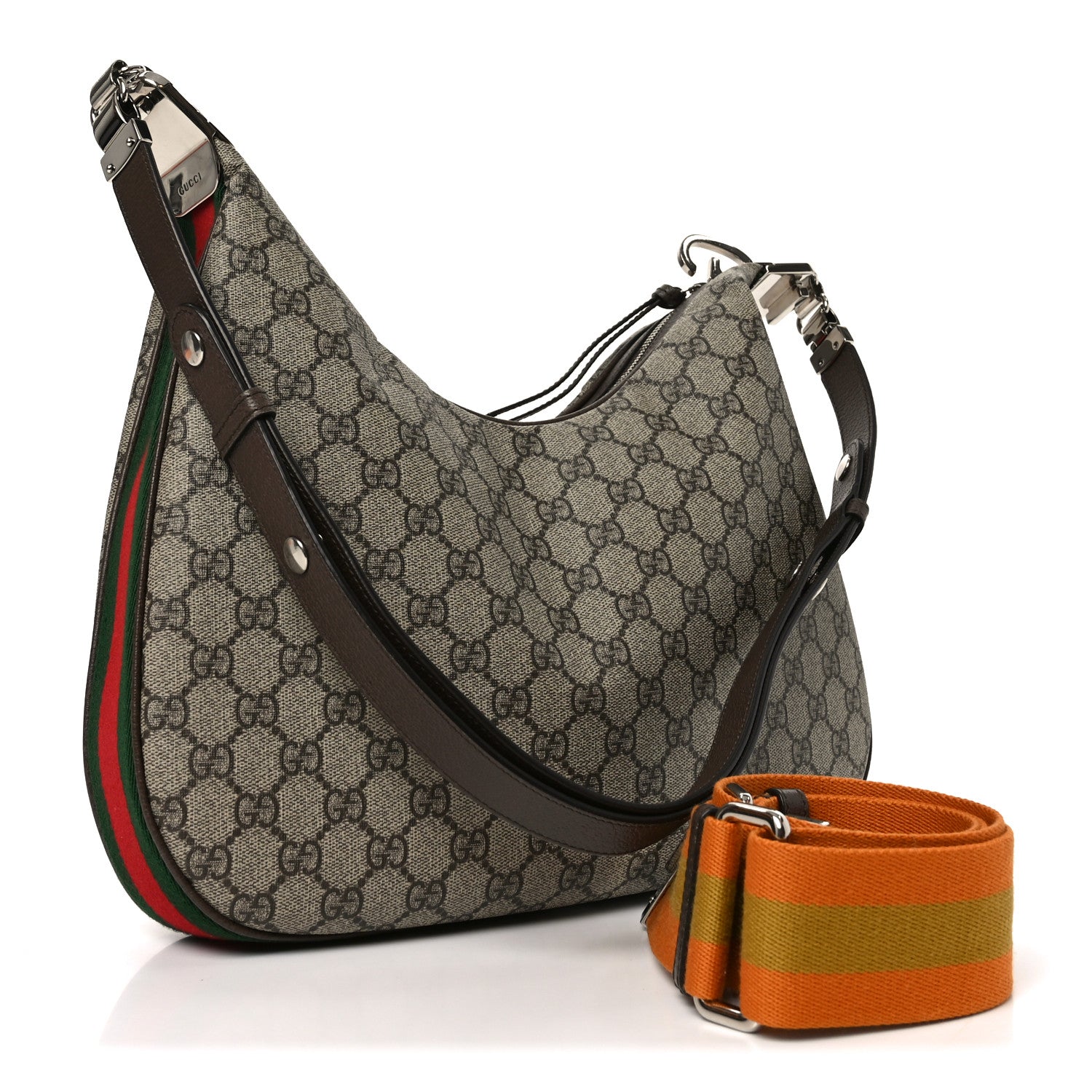 Gucci GG Supreme Monogram Textured Calfskin Web Large Attache Shoulder Bag Beige Ebony New Acero