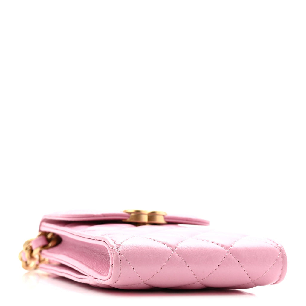 Chanel Lambskin Quilted Lacquered Chain Phone Holder With Chain Dark Pink
