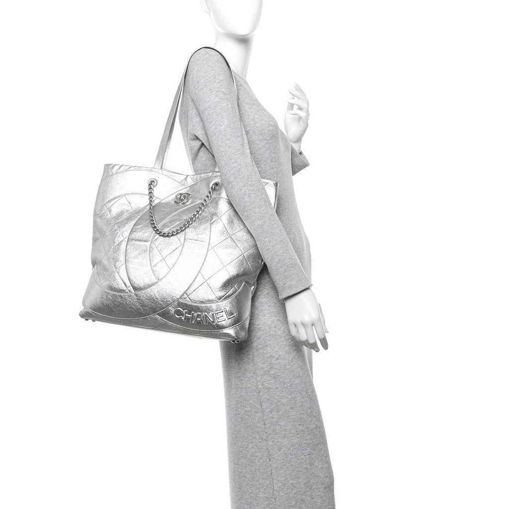 Chanel Metallic Calfskin Stitched CC Club Monaco Tote Silver