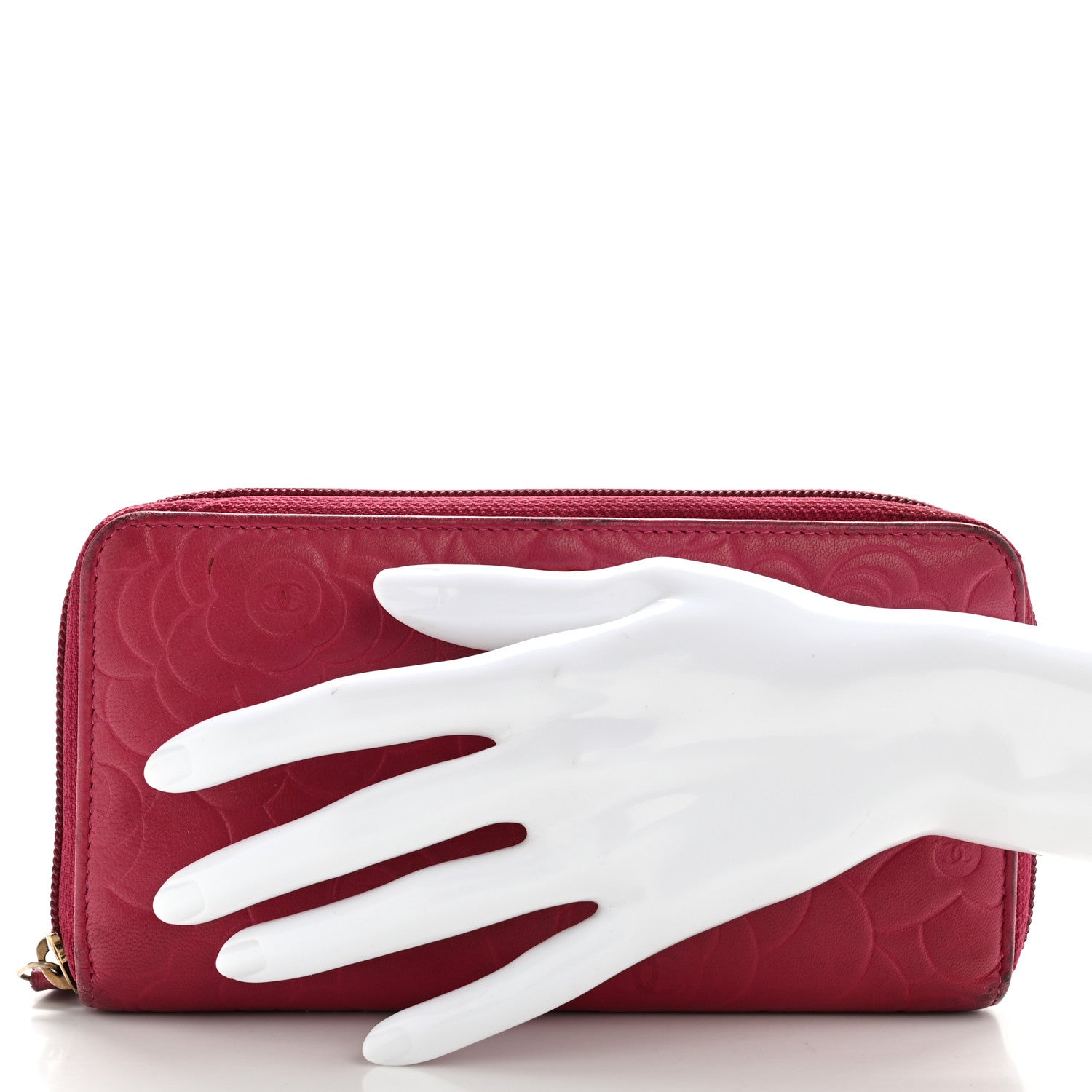 Chanel Lambskin Camellia Embossed Large Gusset Zip Around Wallet Fuchsia