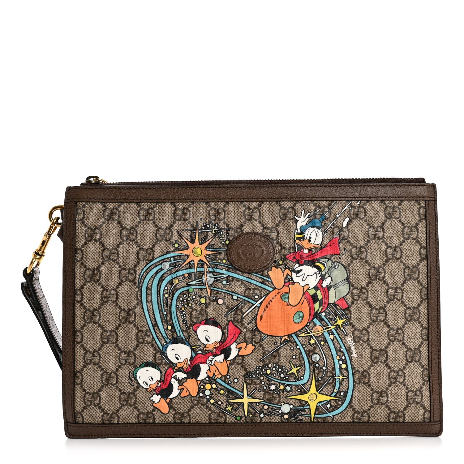 Gucci X DISNEY GG Supreme Monogram Donald Duck Interlocking G Wristlet Pouch Beige Multicolor New Acero
