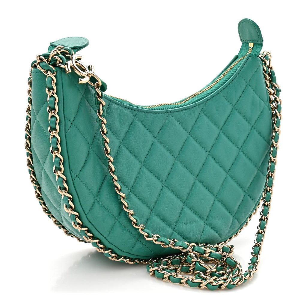 Chanel Lambskin Quilted Chain Around Hobo Green