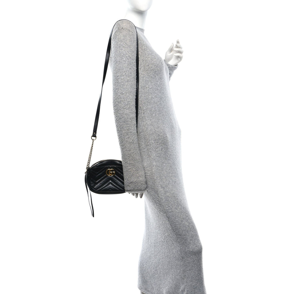 Gucci Calfskin Matelasse Mini GG Marmont Chain Shoulder Bag Black