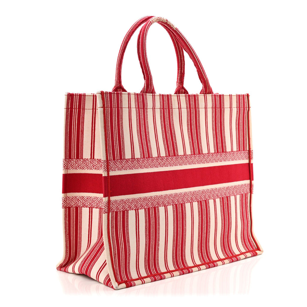 Christian Dior Canvas Embroidered Mykonos Large Striped Book Tote Red