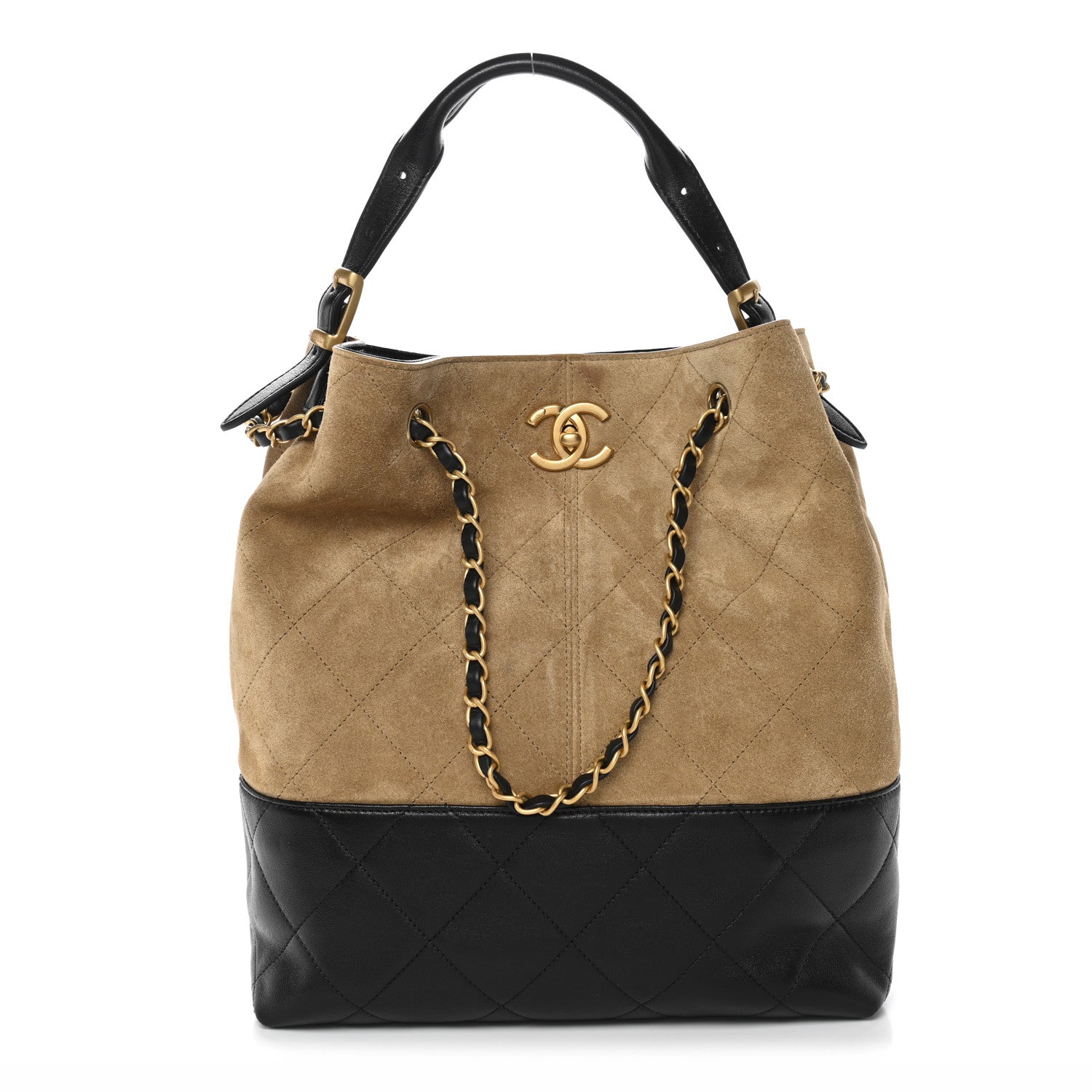 Chanel Suede Calfskin Shiny Lambskin Quilted Coco Base Shopping Bag Beige Black
