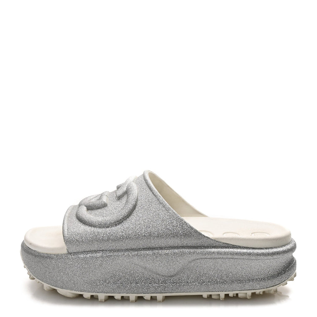 Gucci Glitter Rubber Womens Interlocking G Platform 42mm Slide Sandals 40 Silver