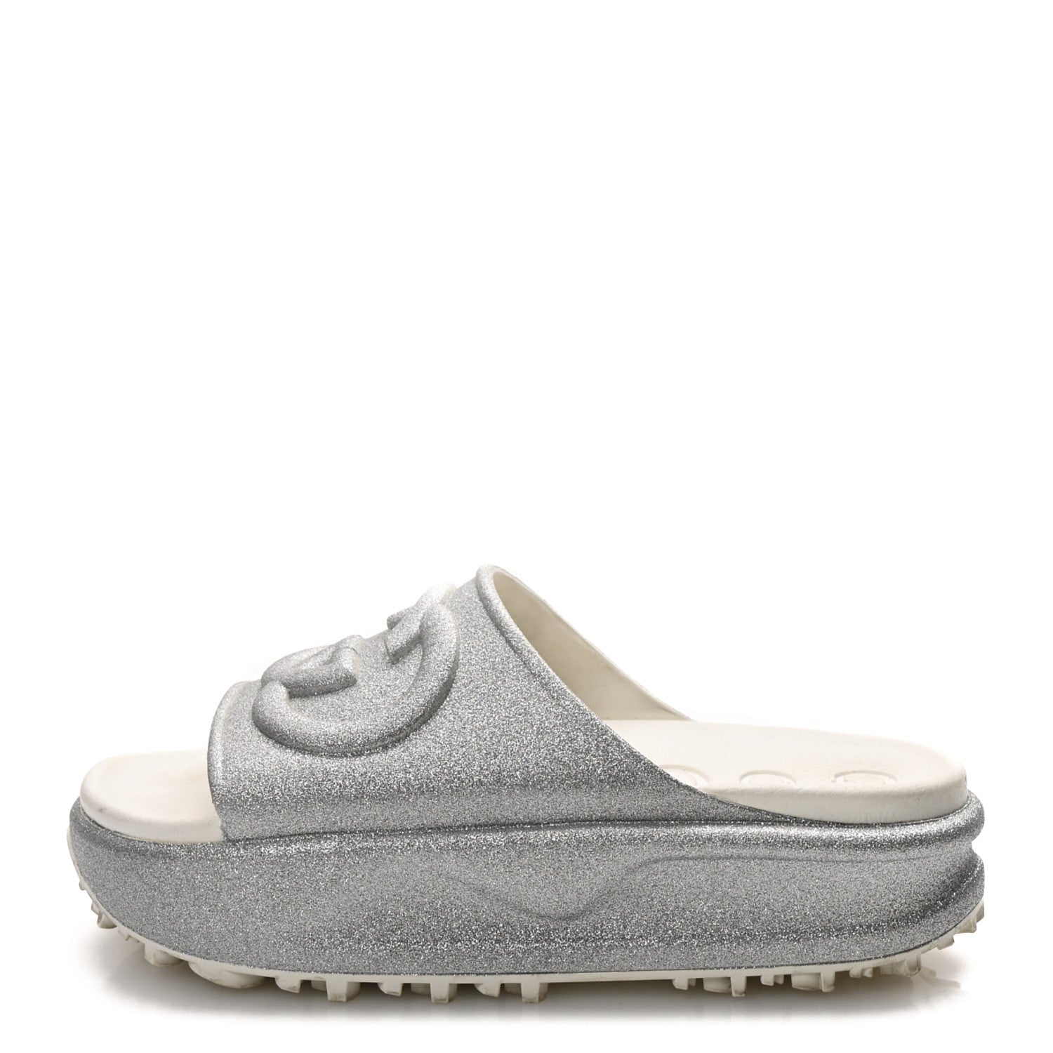 Gucci Glitter Rubber Womens Interlocking G Platform 42mm Slide Sandals 40 Silver