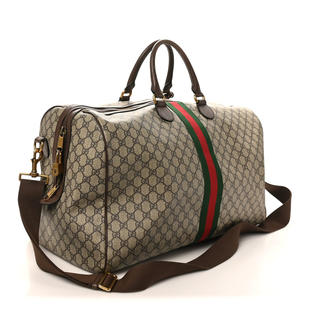 Gucci GG Supreme Monogram Textured Dollar Calfskin Web Medium Ophidia Carry-On Duffle Bag Beige Ebony New Acero