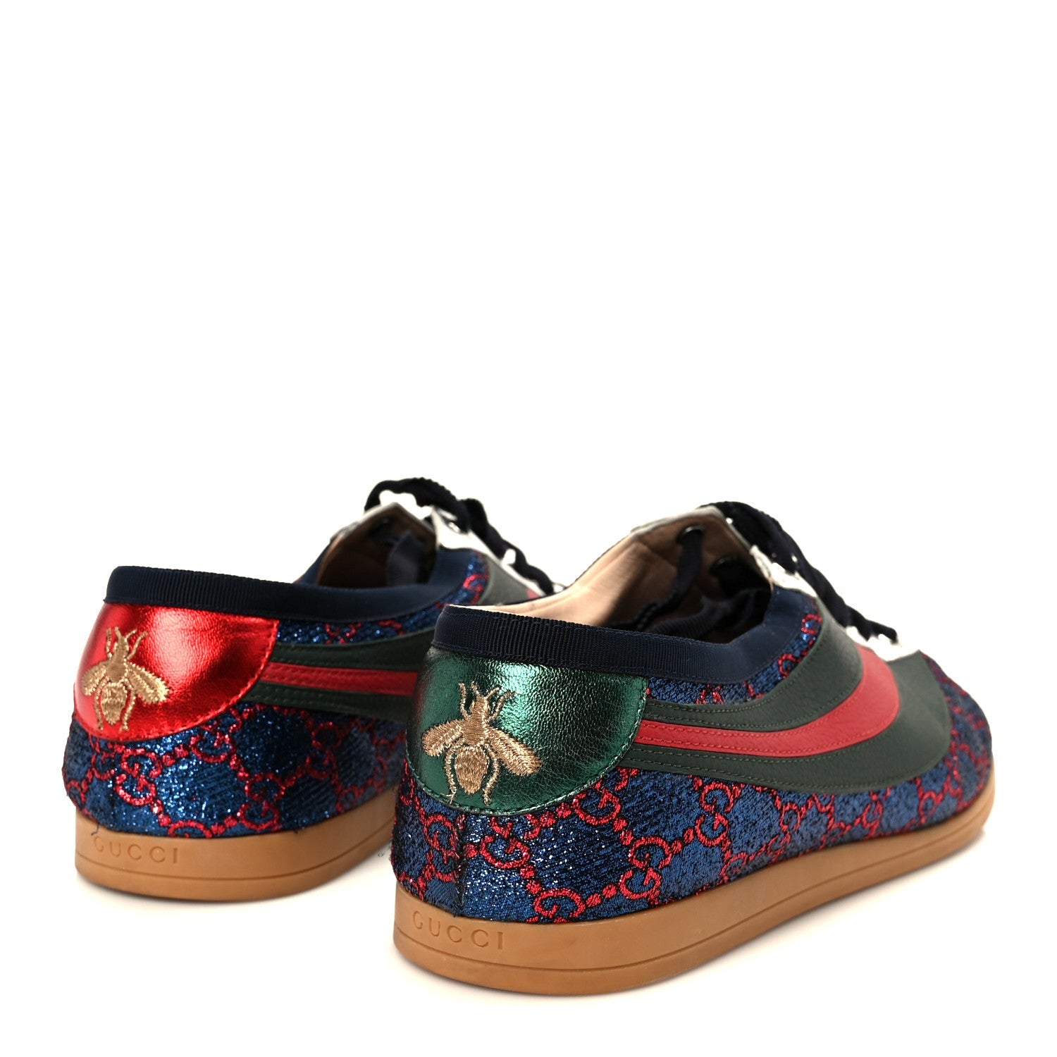 Gucci Lurex Calfskin Web GG Monogram Mens Falacer Sneakers 9 Iridescent Blue Iridescent Red Silver