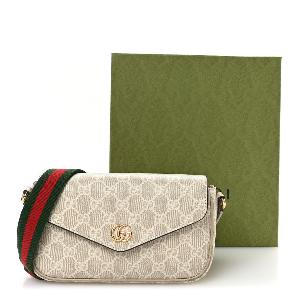 Gucci GG Supreme Monogram Textured Dollar Calfskin Web Mini Ophidia Envelope Shoulder Bag Beige Mystic White Oatmeal