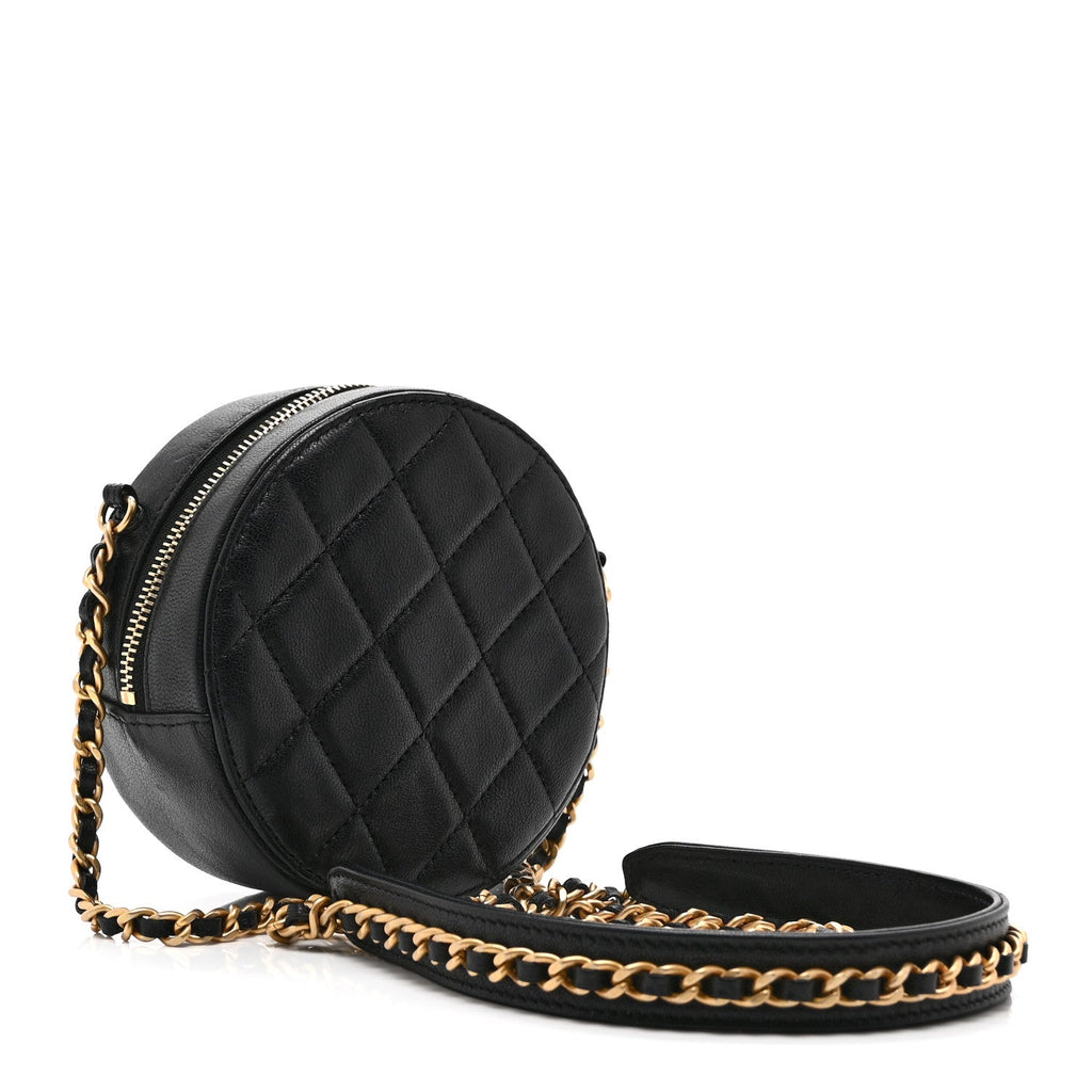Chanel Goatskin Quilted Chanel 19 Round Clutch With Chain Black