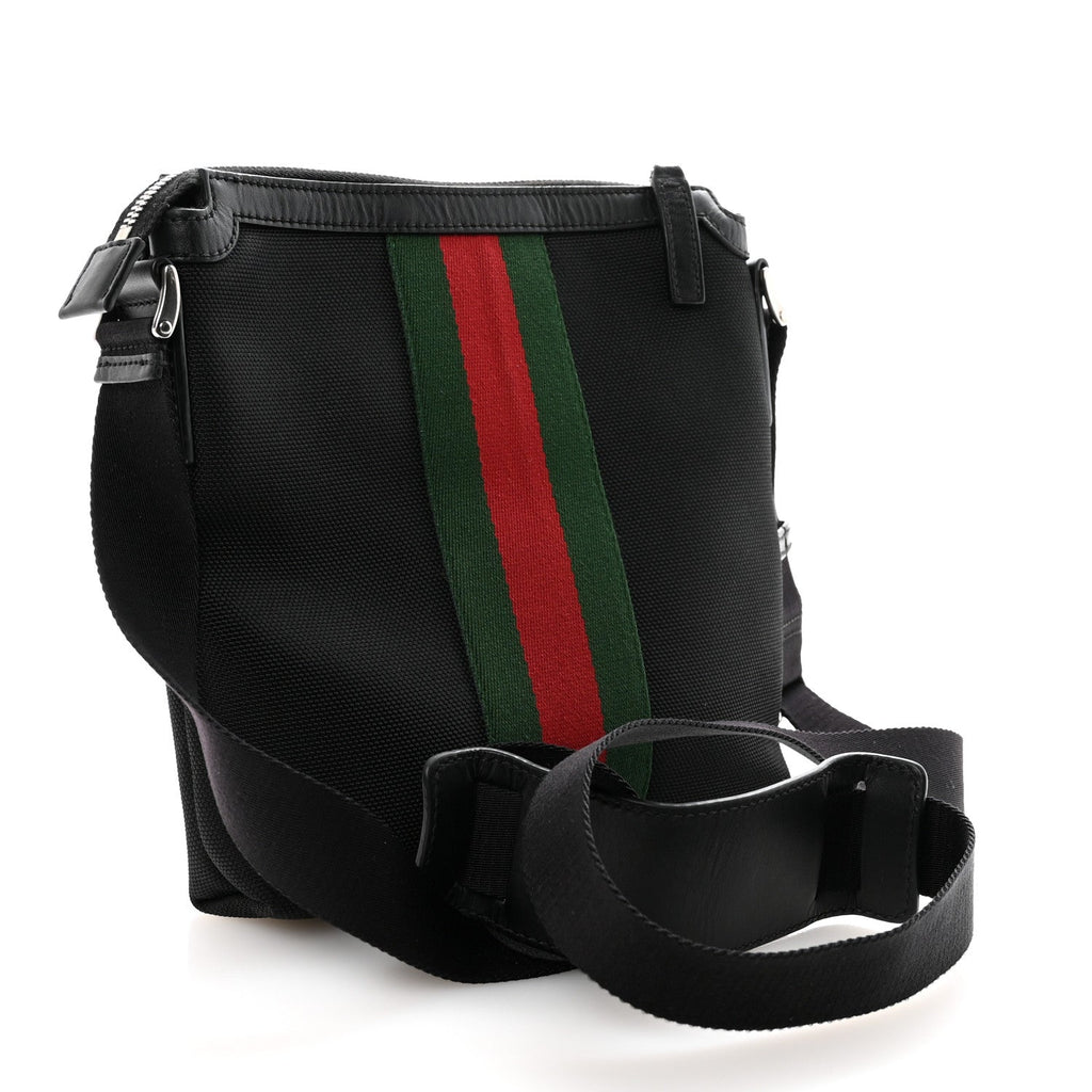 Gucci Techno Canvas Selleria Calfskin Web Small Flat Messenger Bag Black