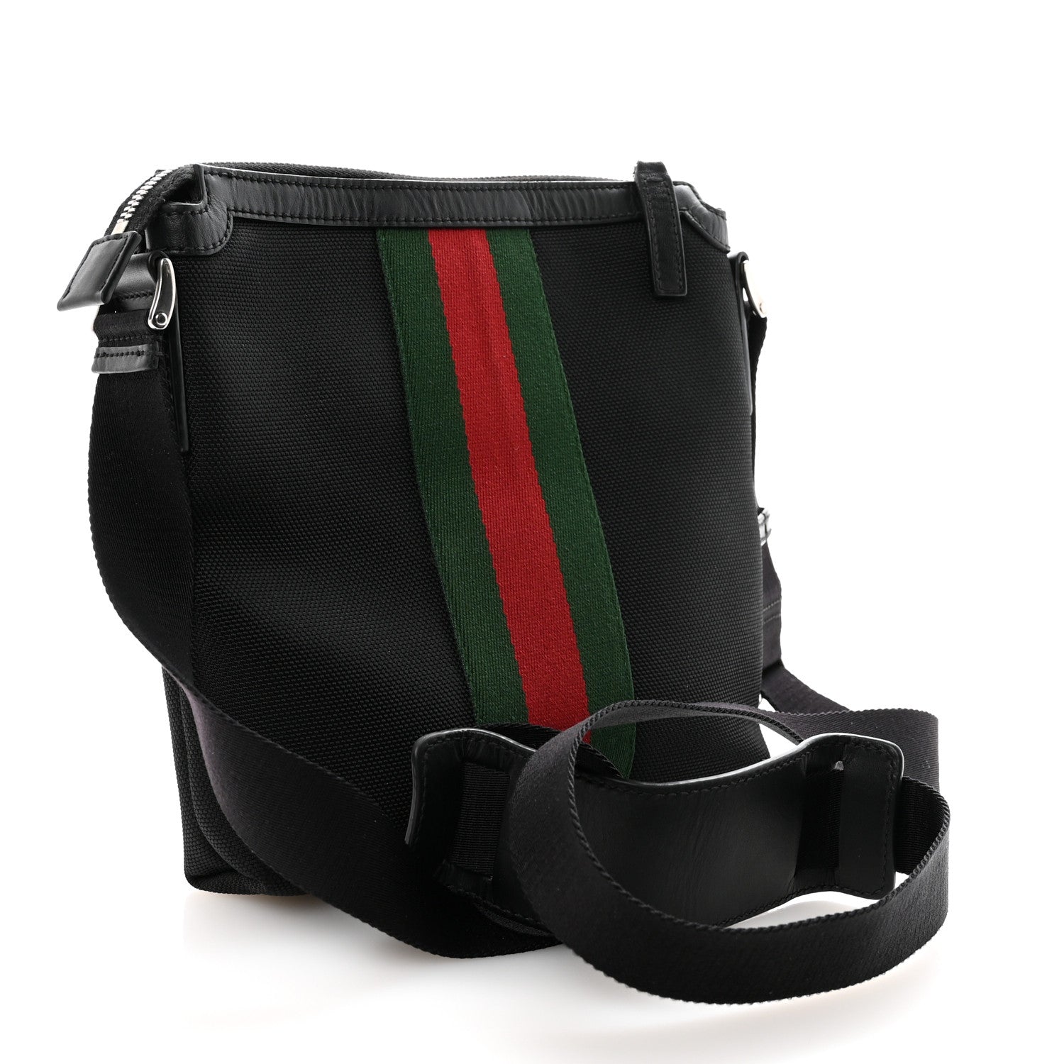 Gucci Techno Canvas Selleria Calfskin Web Small Flat Messenger Bag Black