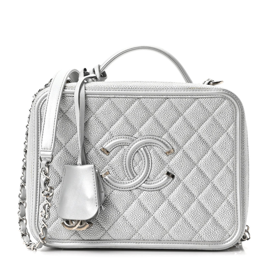 Chanel Metallic Caviar Quilted Large CC Filigree Vanity Case Silver