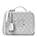 Chanel Metallic Caviar Quilted Large CC Filigree Vanity Case Silver