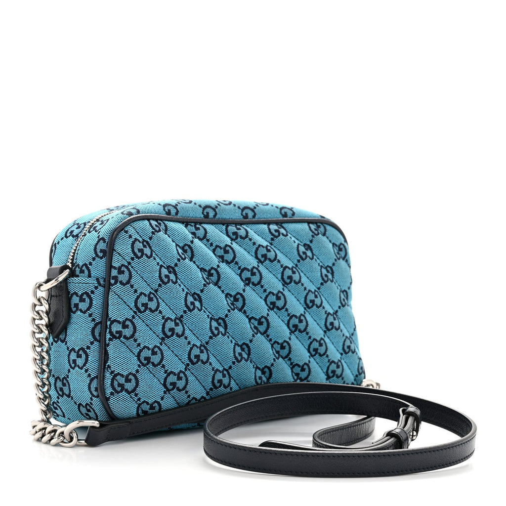 Gucci Monogram Multicolor Matelasse Diagonal Small GG Marmont Chain Shoulder Bag Light Blue