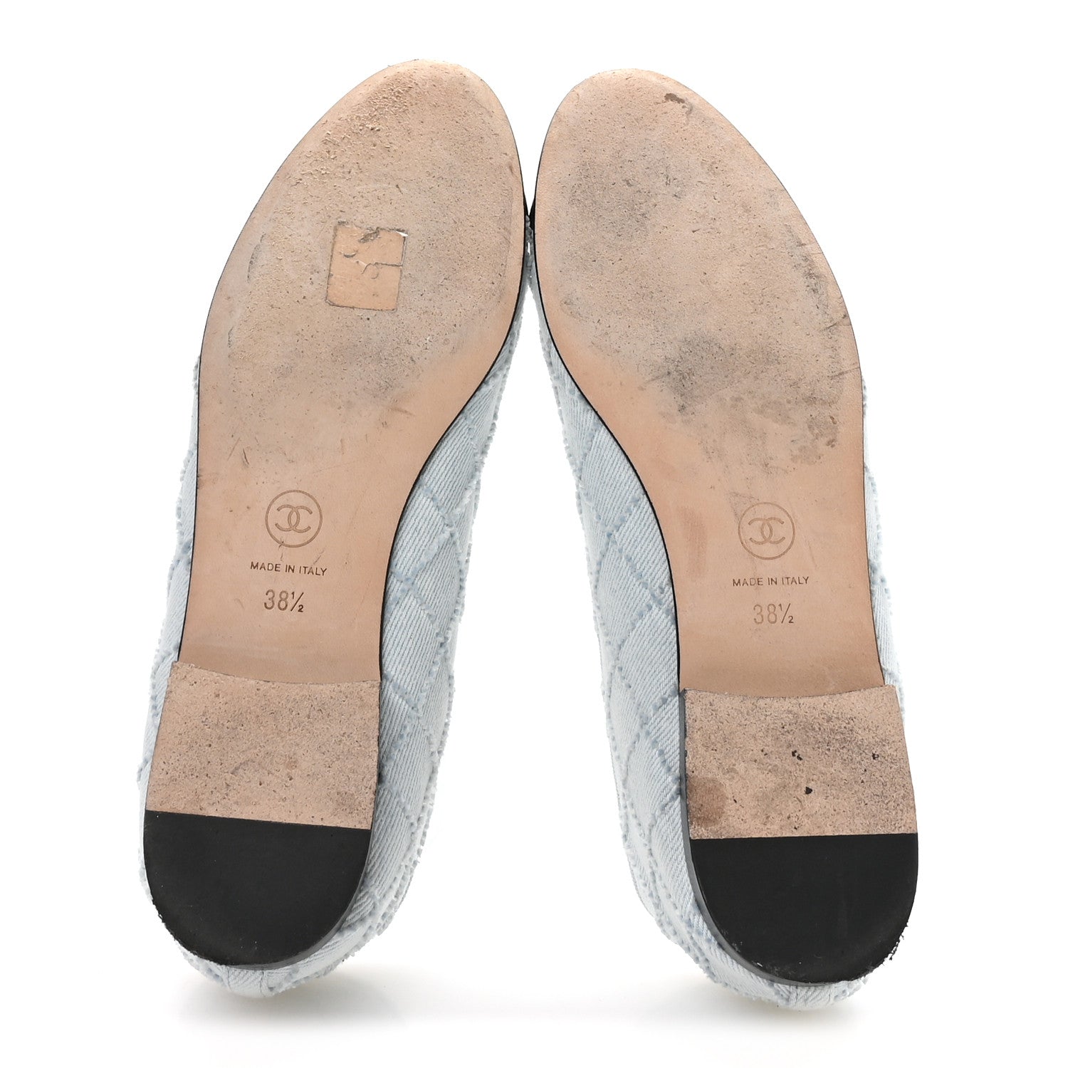 Denim Embroidered Grosgrain CC Cap Toe Ballerina Flats 38.5 Light Blue Black