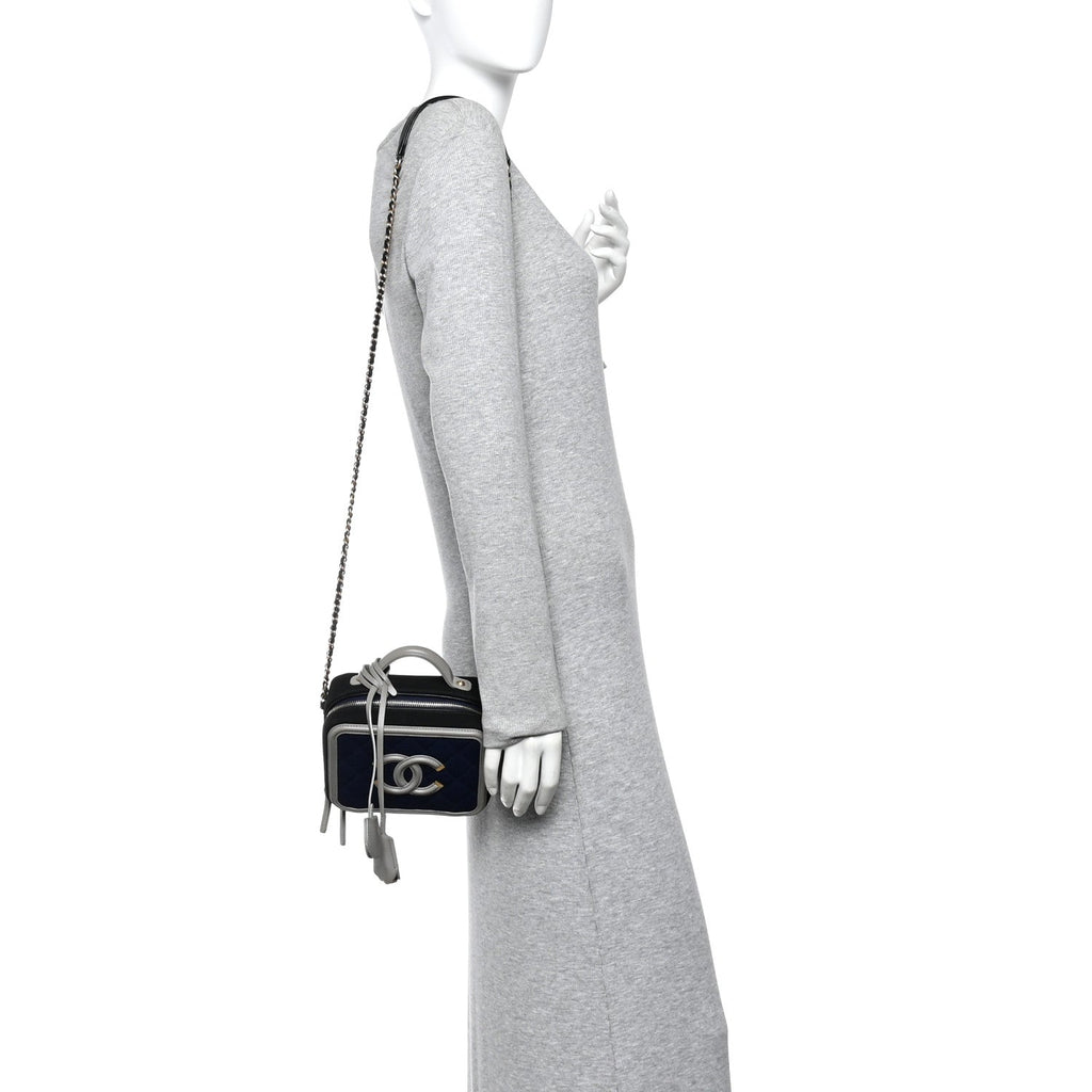 Chanel Jersey Quilted Small CC Filigree Vanity Case Blue Black Grey