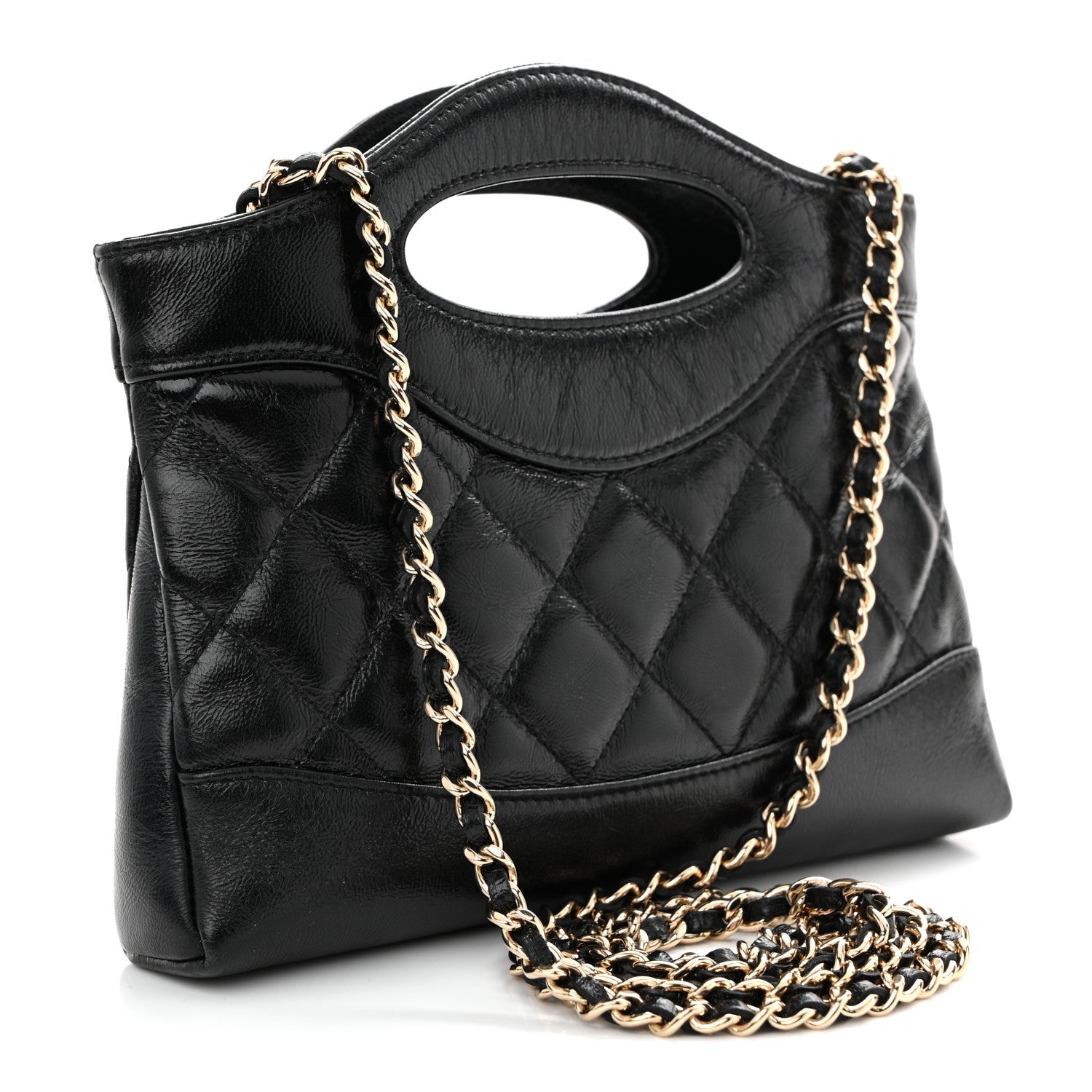 Chanel Shiny Crumpled Calfskin Quilted Nano 31 Shopping Bag Black