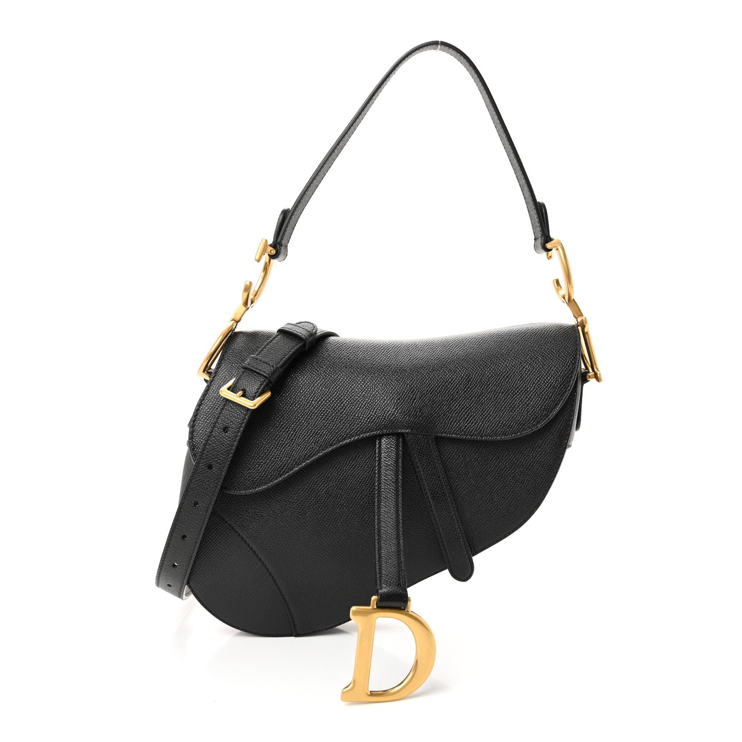 Christian Dior Grained Calfskin Saddle Bag With Strap Black