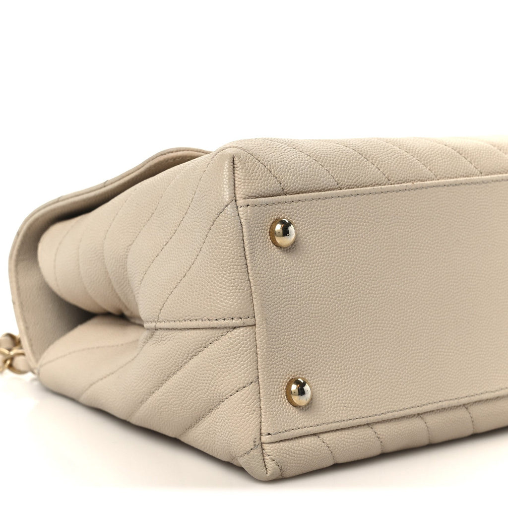 Chanel Caviar Lizard Embossed Chevron Quilted Small Coco Handle Flap Beige