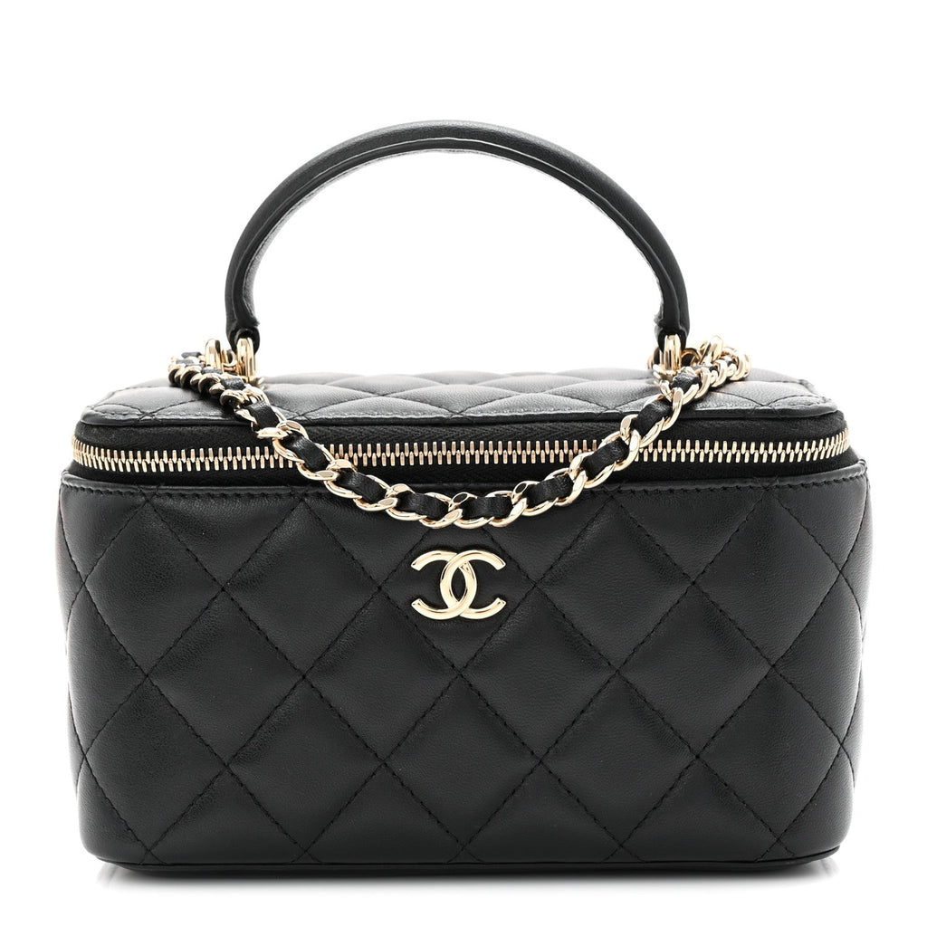 Chanel Lambskin Quilted Small Top Handle Vanity Case With Chain Black