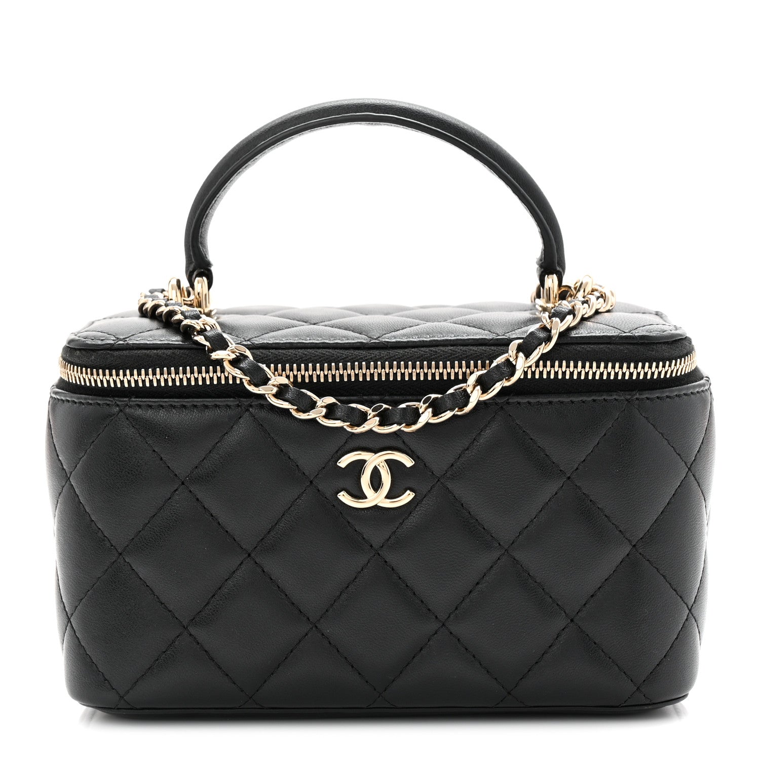 Chanel Lambskin Quilted Small Top Handle Vanity Case With Chain Black