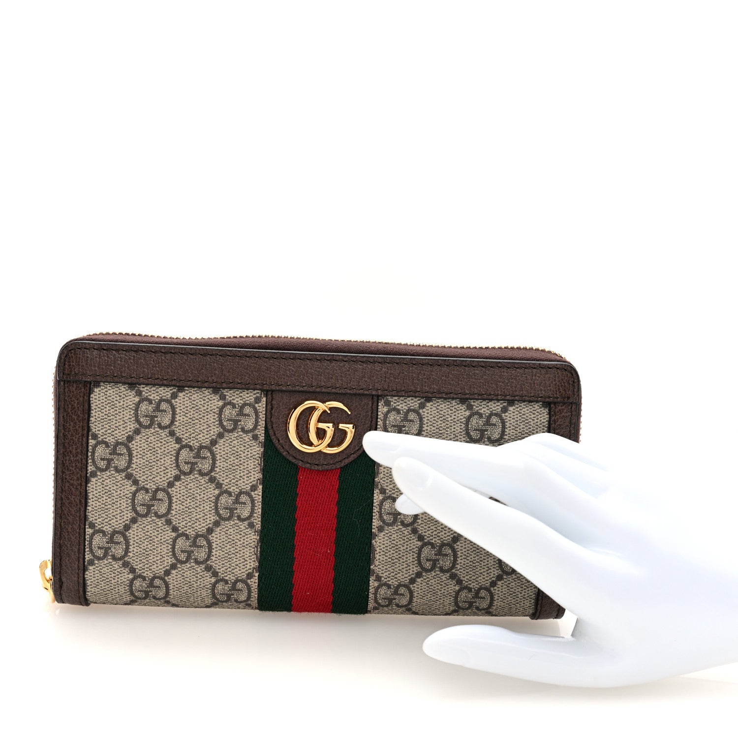 Gucci GG Supreme Monogram Web Ophidia Zip Around Wallet Brown