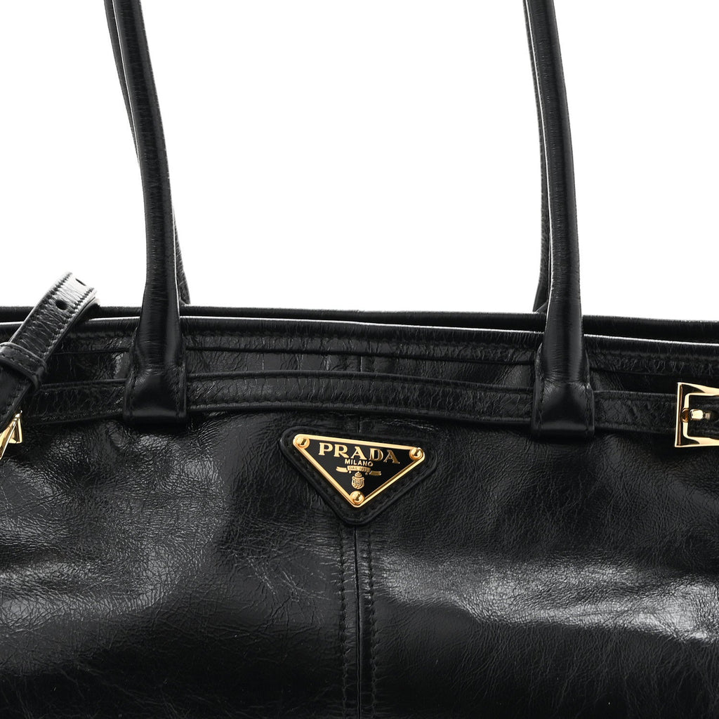Prada Glossy Calfskin Triangle Medium Bonnie Shoulder Bag Black